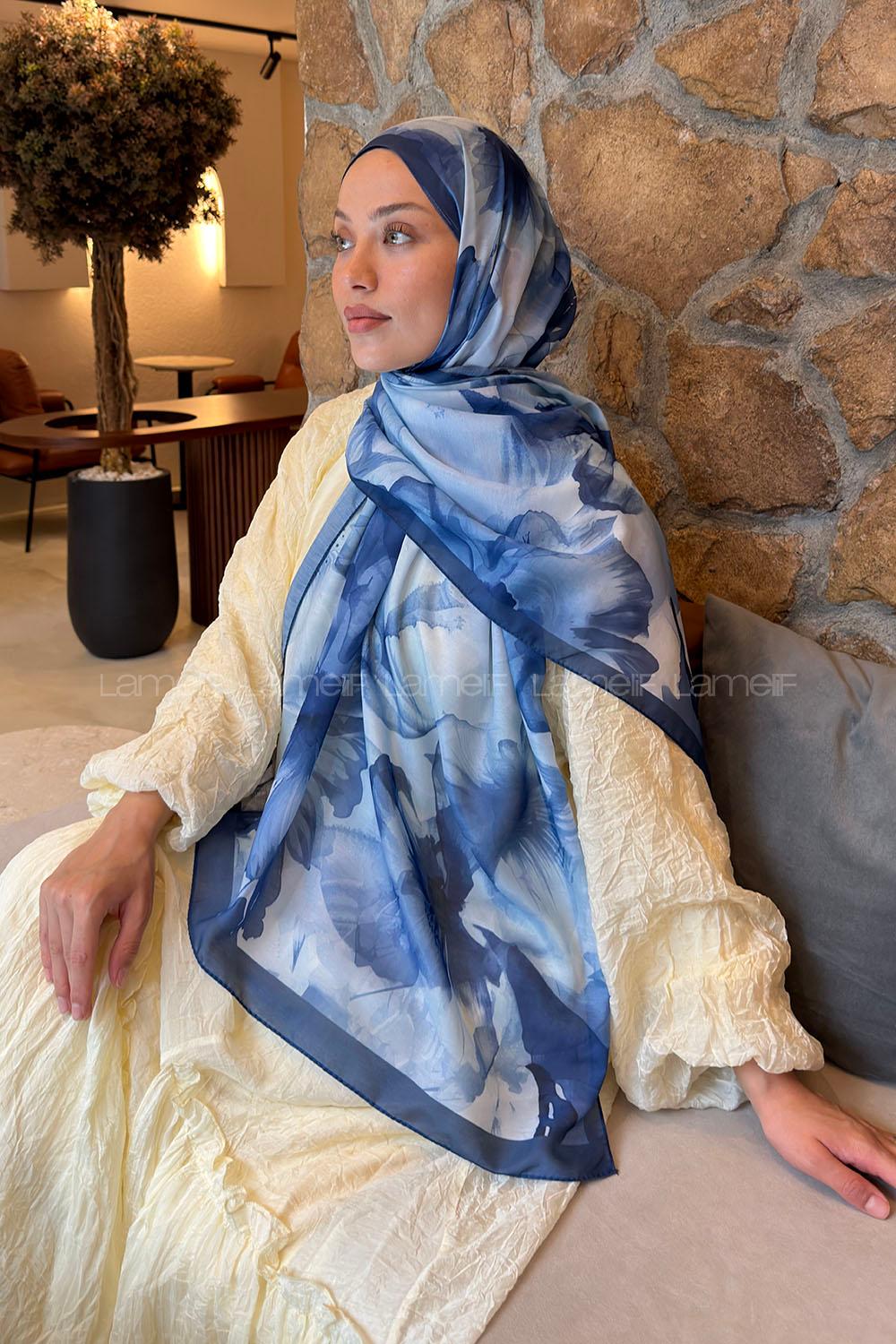 Lamelif Çiçek Desen Lara Soft Şal Gece Mavisi