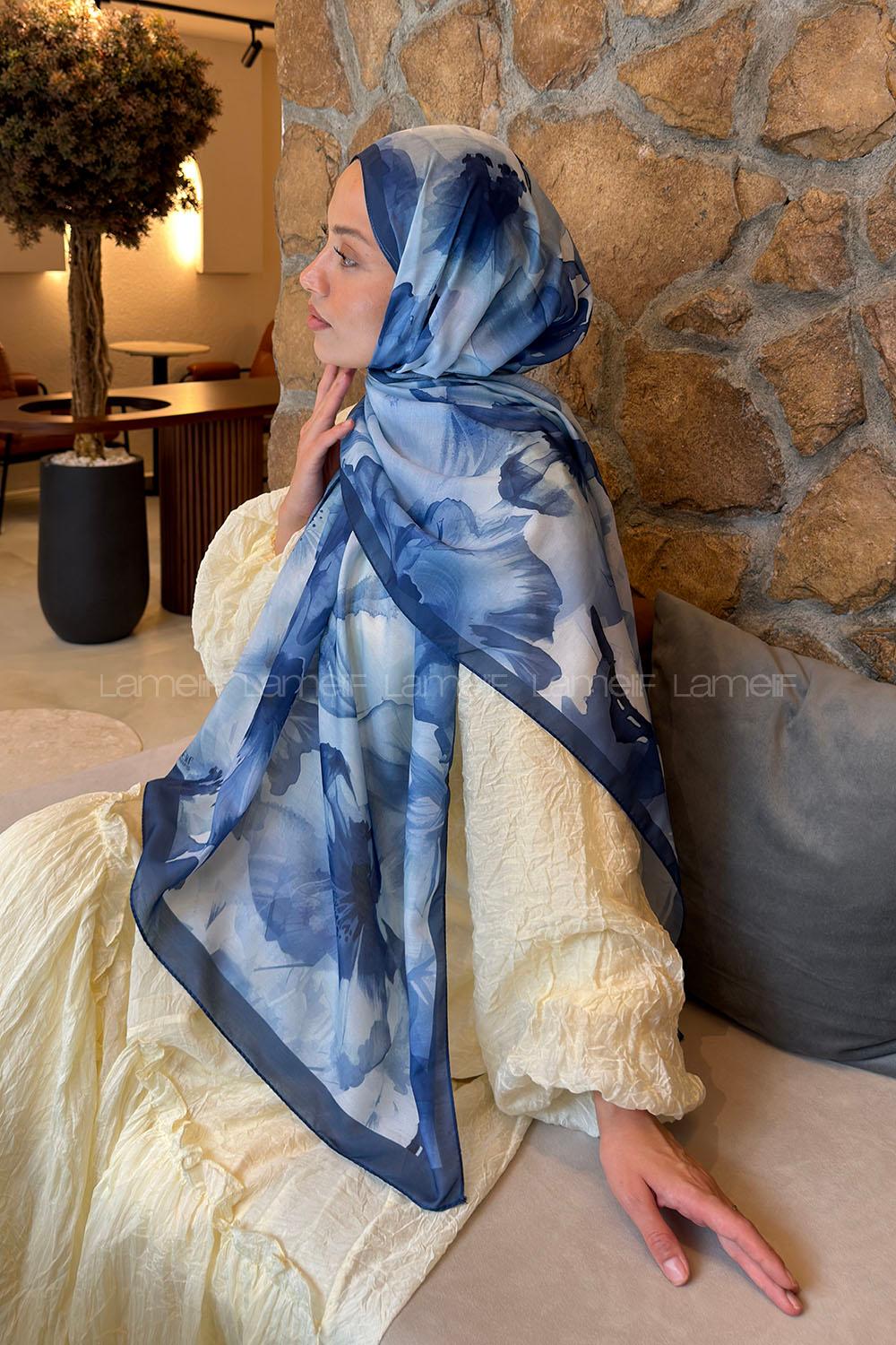 Lamelif Çiçek Desen Lara Soft Şal Gece Mavisi