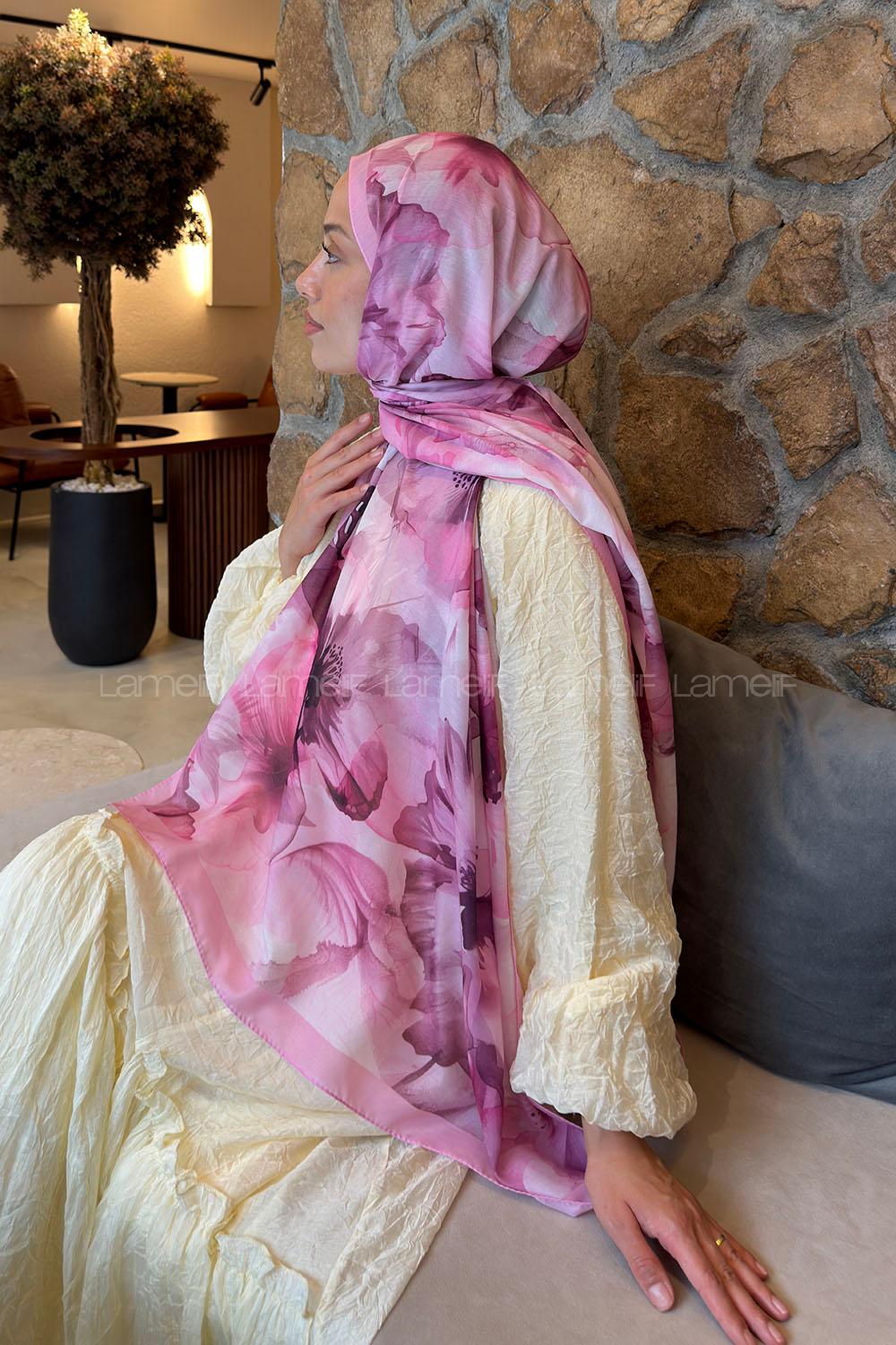 Lamelif Çiçek Desen Lara Soft Şal Şeker Pembe