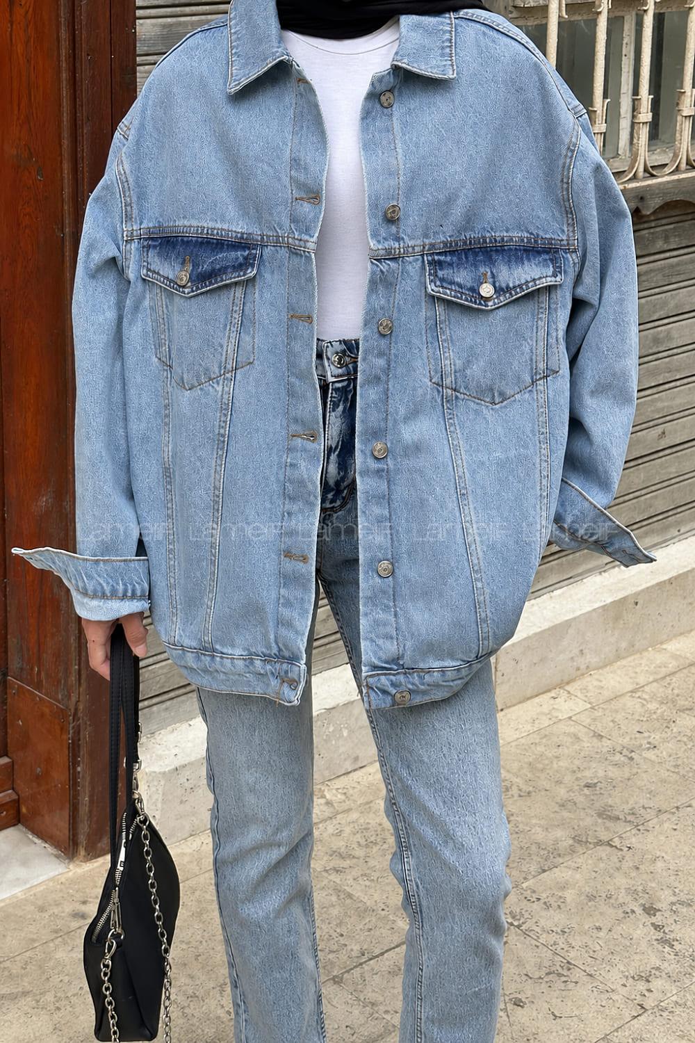 Lamelif Çift Cepli Oversize Ceket Buz Mavi