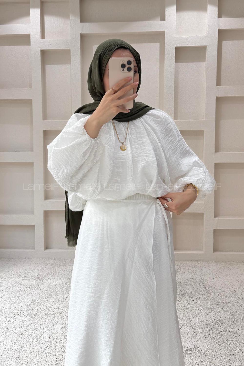 Lamelif Dökümlü Eteği Bağlamalı Takım Beyaz