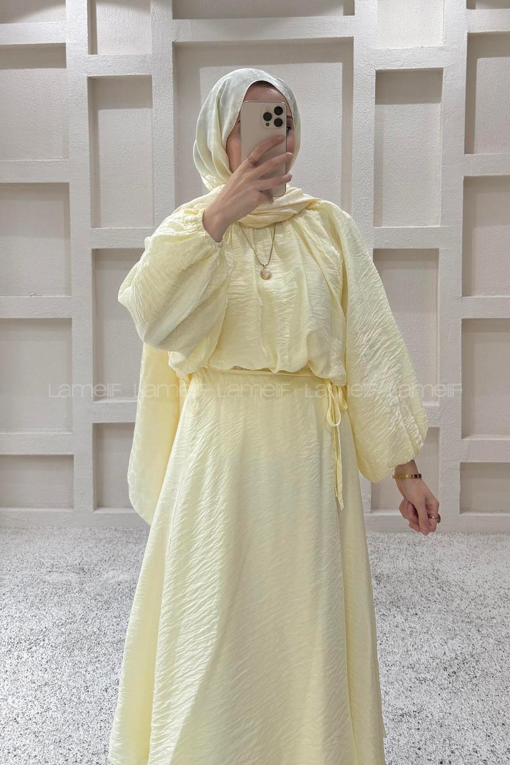 Lamelif Dökümlü Eteği Bağlamalı Takım Sarı