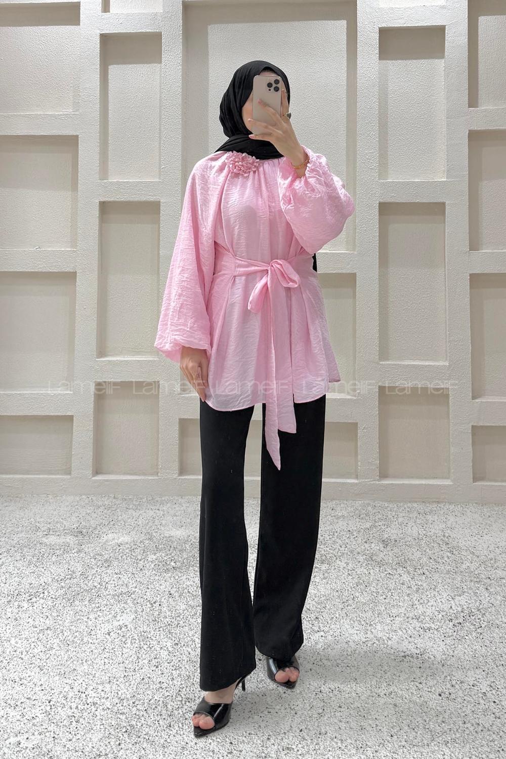 Lamelif Gül Broşlu Balon Kol Tunik Pembe