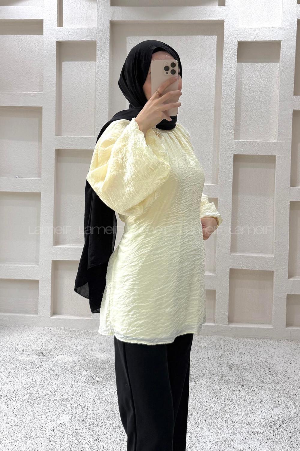 Lamelif Gül Broşlu Balon Kol Tunik Sarı
