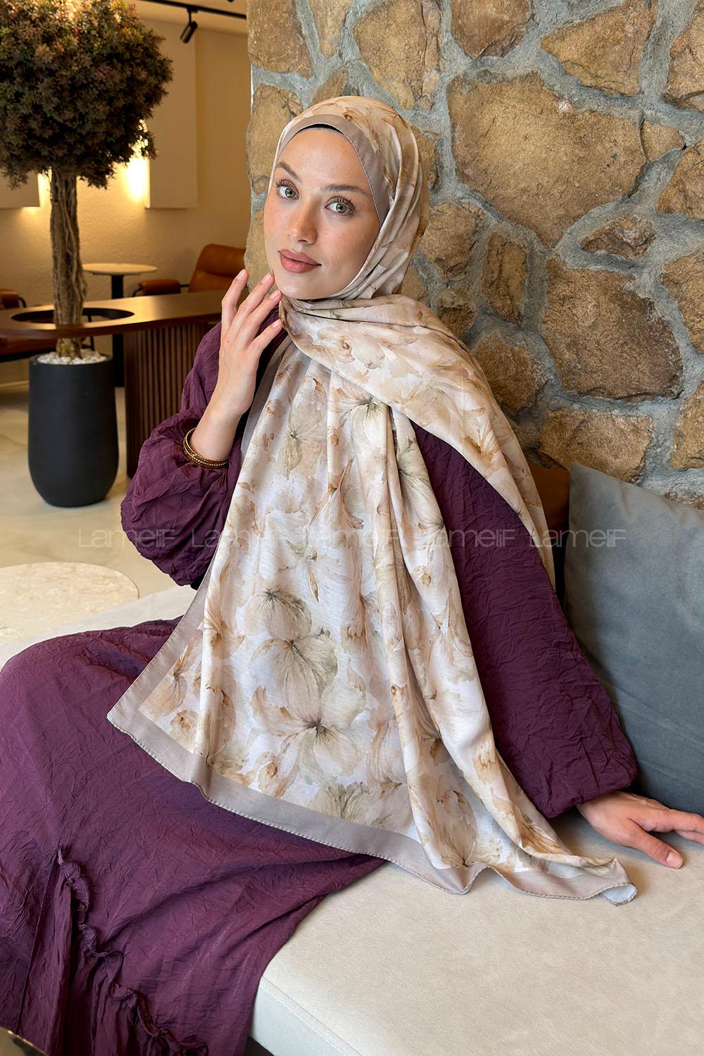 Lamelif Lale Desen Lara Soft Şal Antik Bej