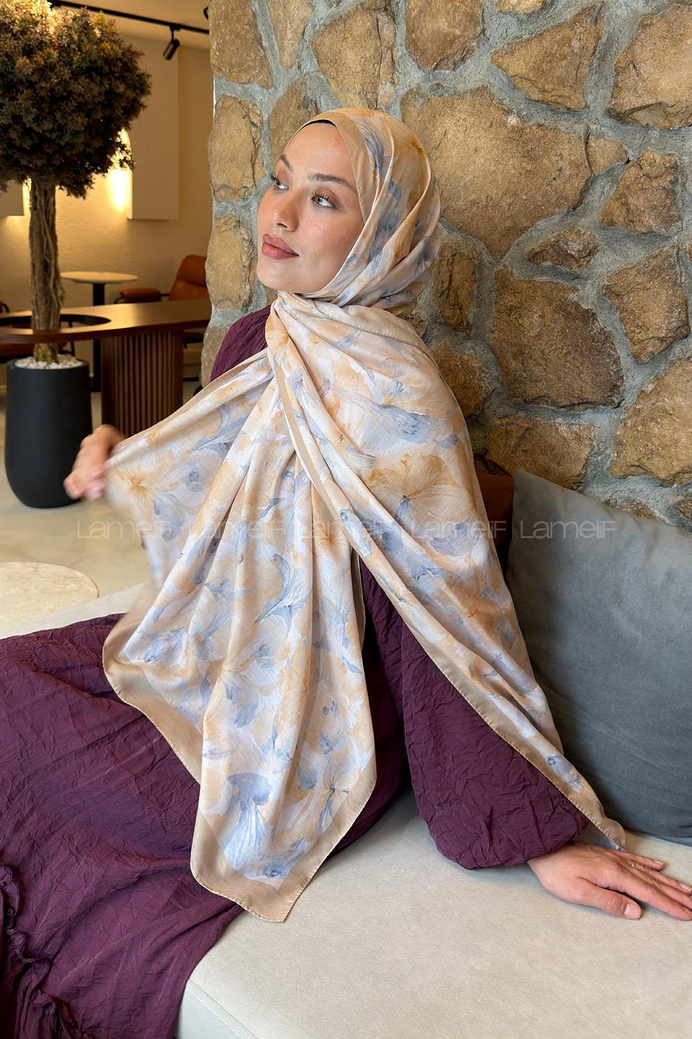 Lamelif Lale Desen Lara Soft Şal Camel