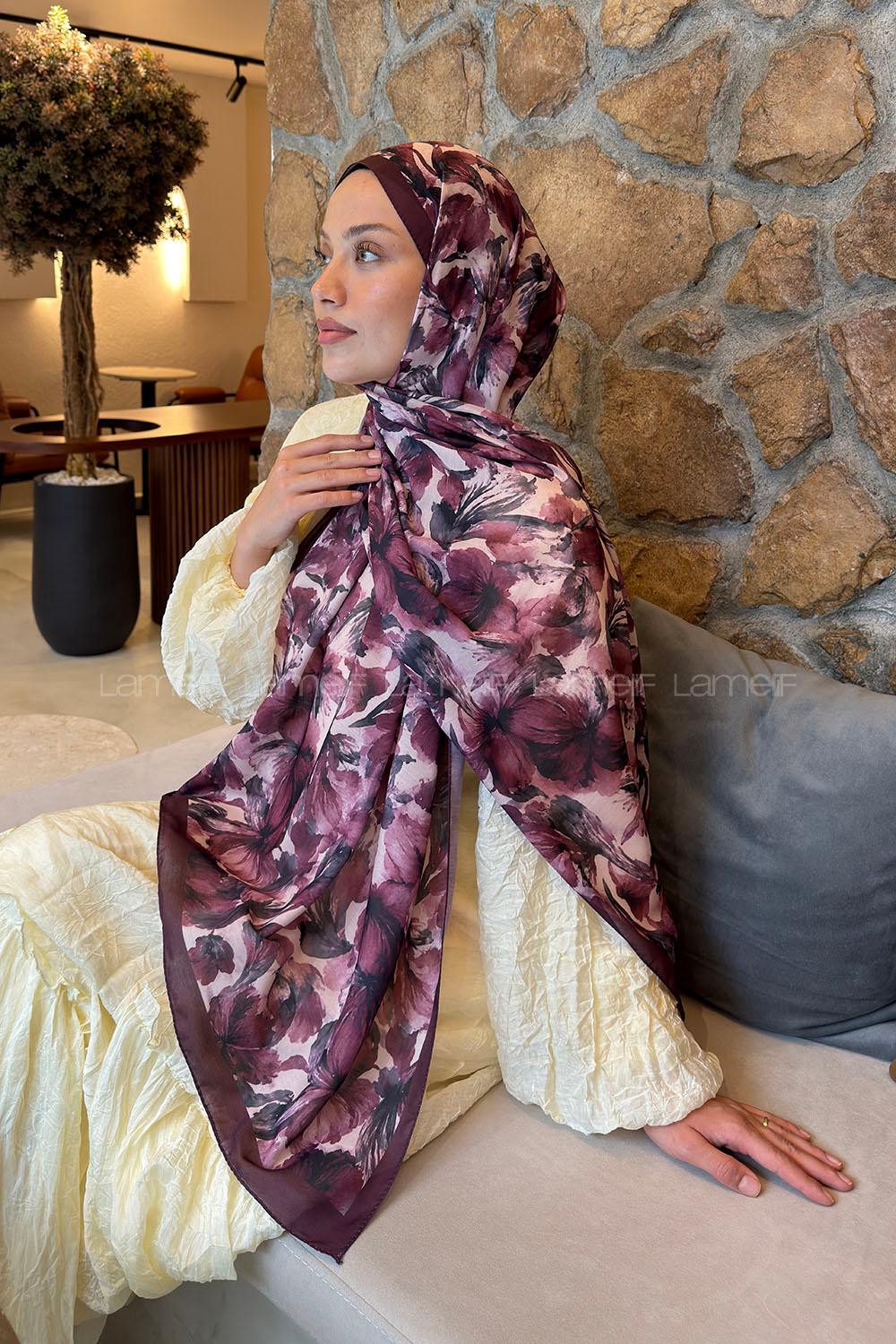 Lamelif Lale Desen Lara Soft Şal Mürdüm