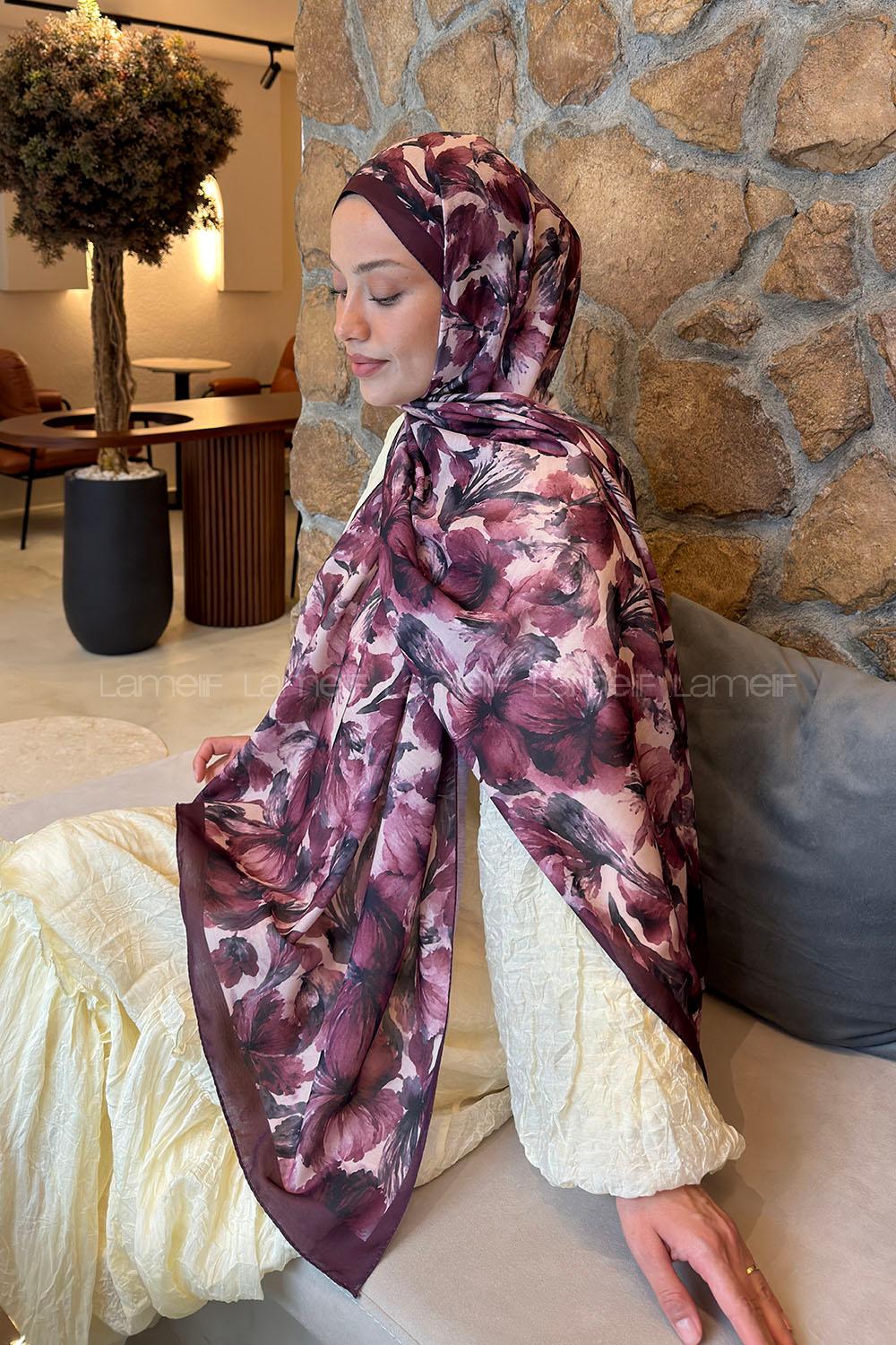 Lamelif Lale Desen Lara Soft Şal Mürdüm