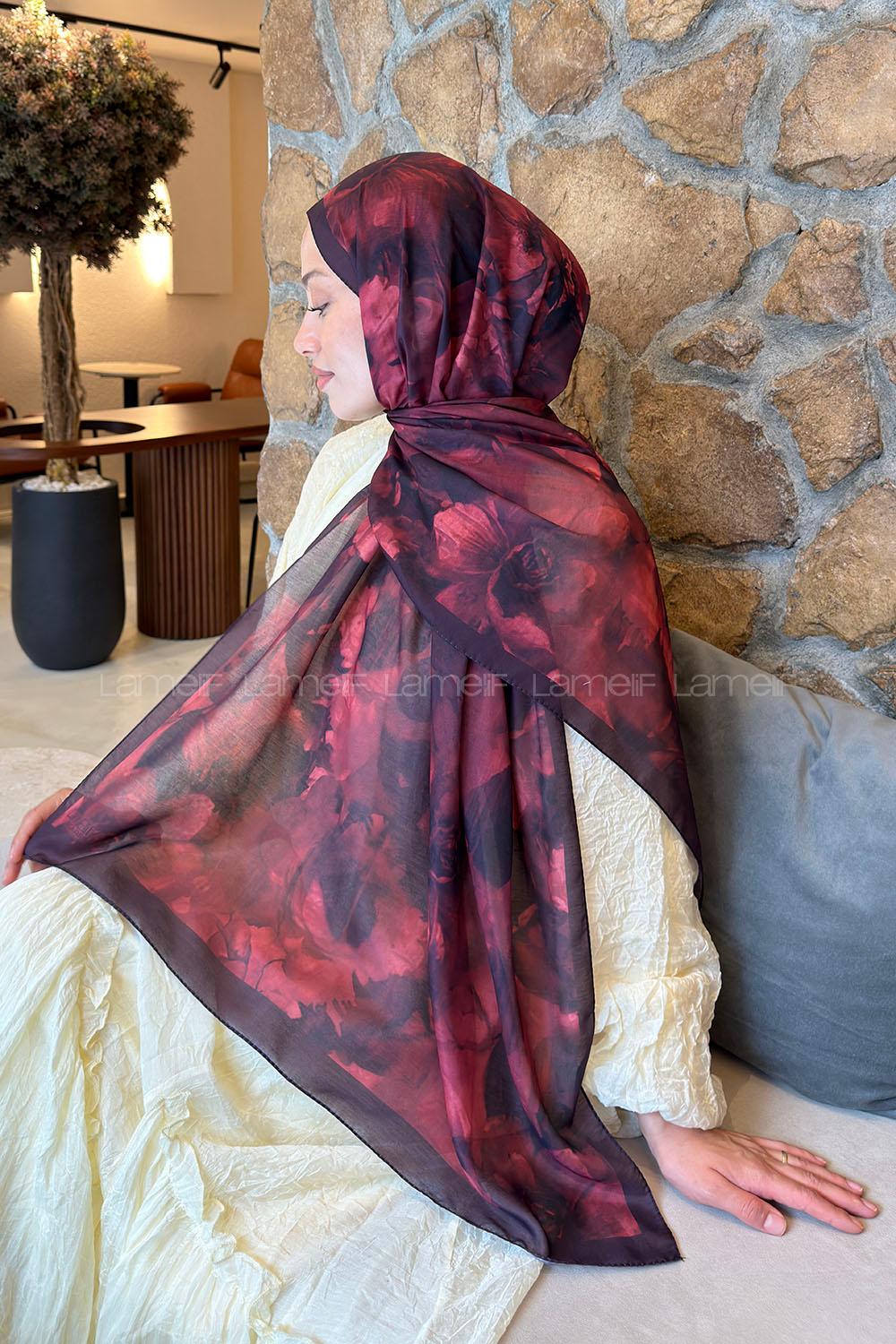 Lamelif Poeny Desen Lara Soft Şal Bordo