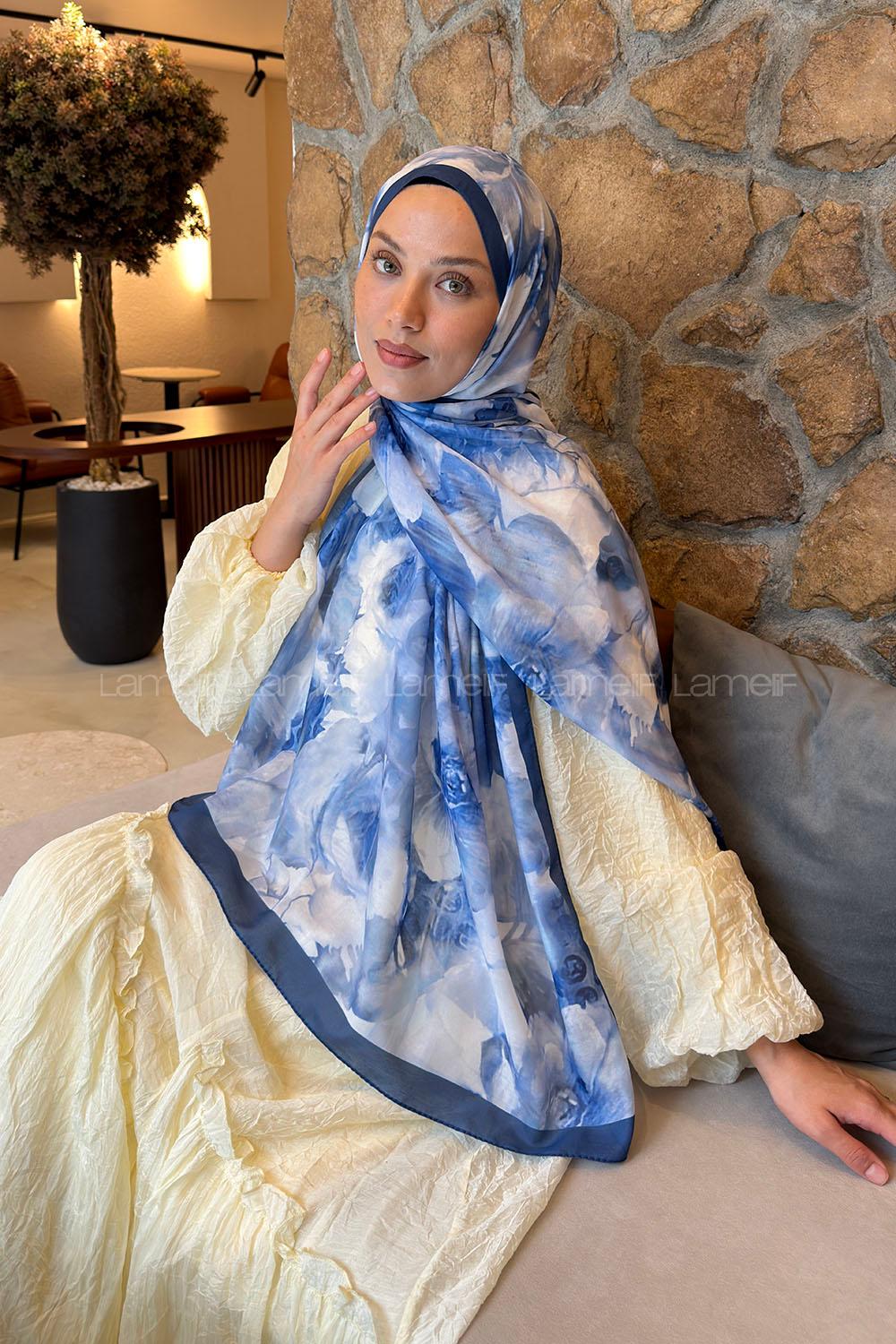 Lamelif Poeny Desen Lara Soft Şal Gece Mavisi