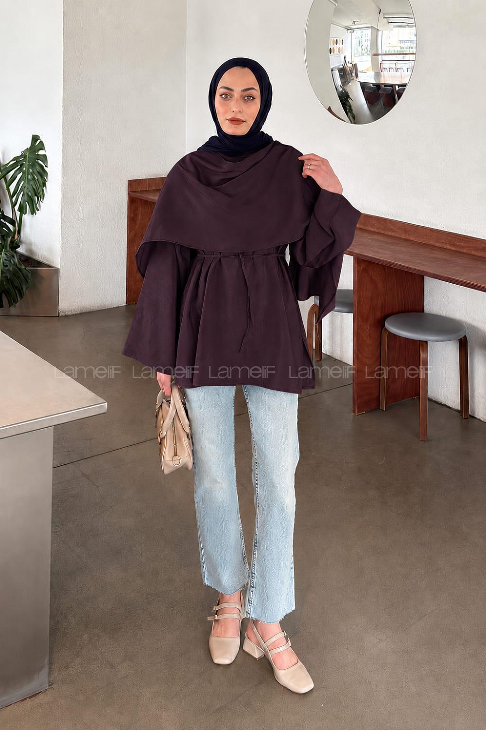 Lamelif Şallı Bağlama Detaylı Tunik Mürdüm