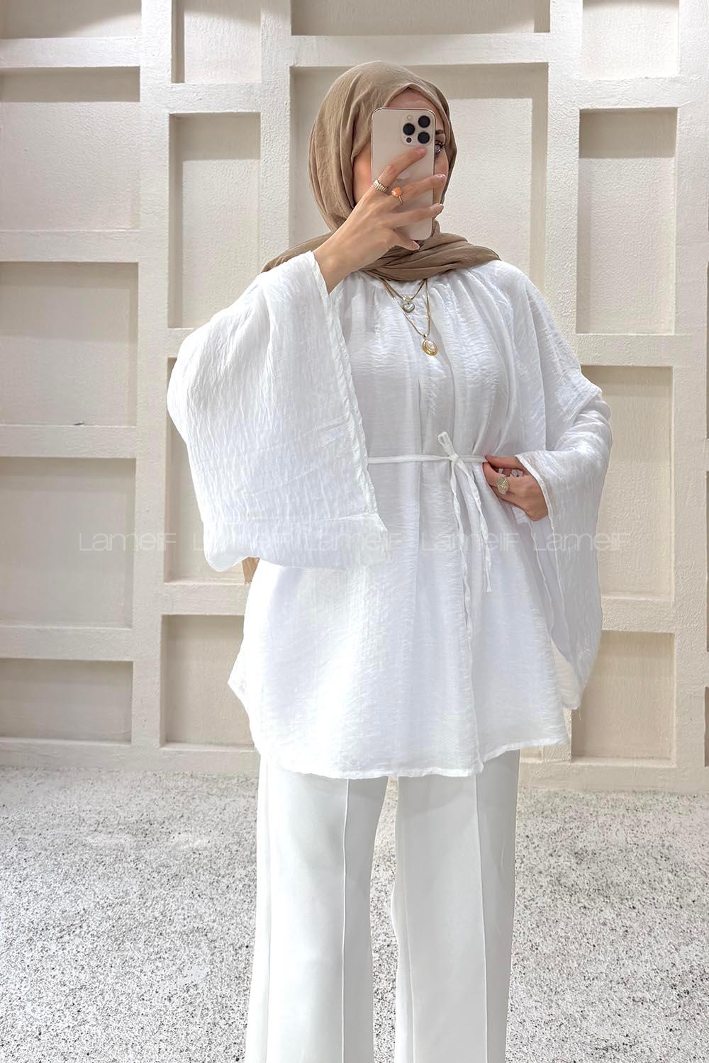 Lamelif Bağlama Detaylı Şifon Tunik Beyaz