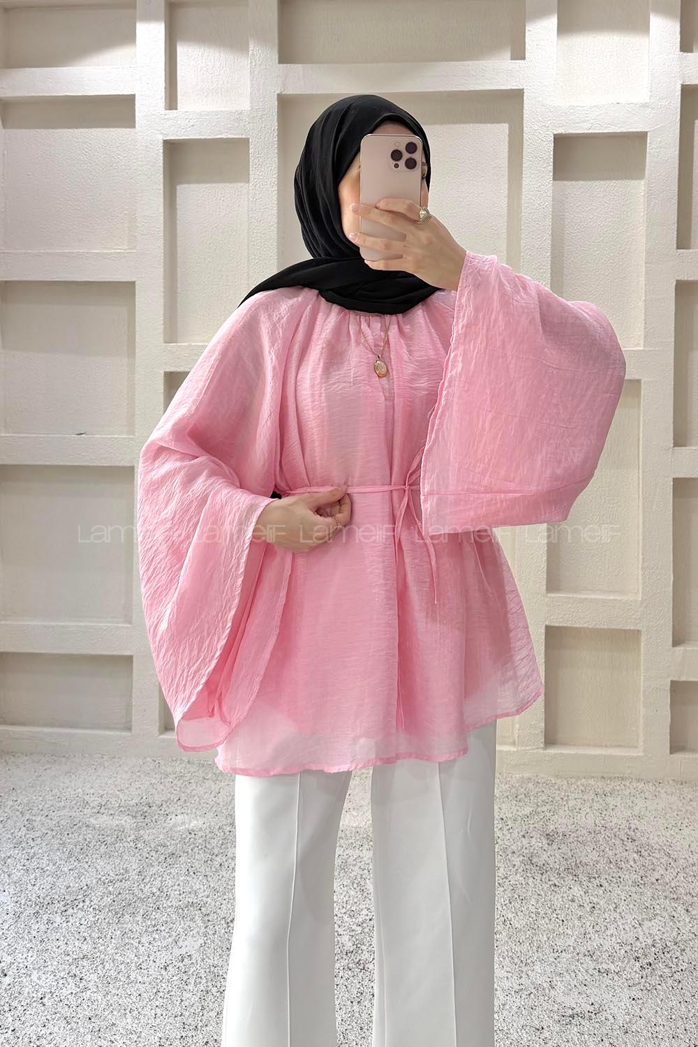 Lamelif Bağlama Detaylı Şifon Tunik Pembe