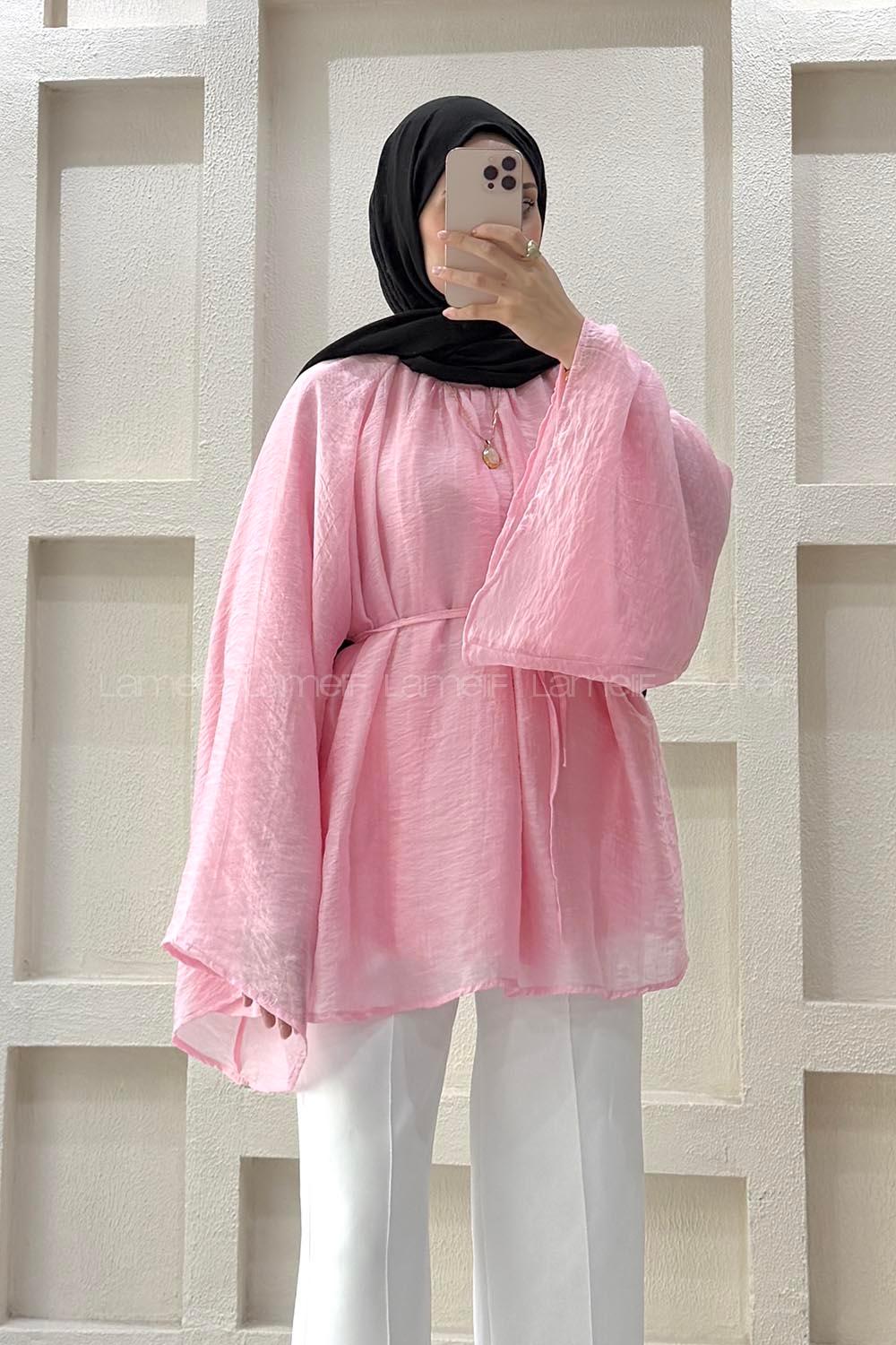 Lamelif Bağlama Detaylı Şifon Tunik Pembe