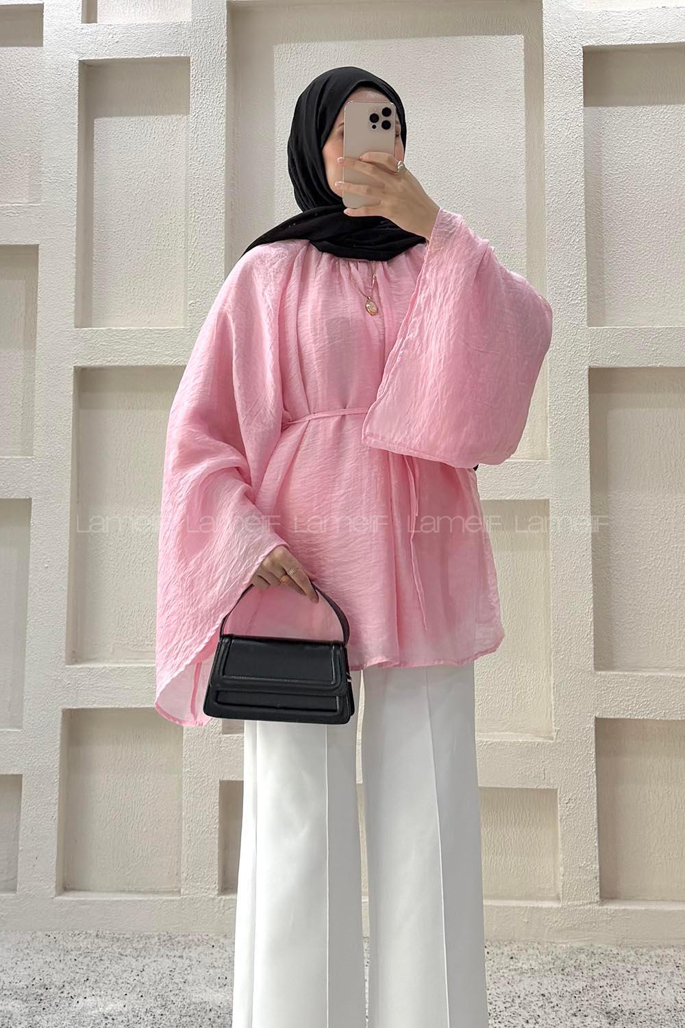 Lamelif Bağlama Detaylı Şifon Tunik Pembe