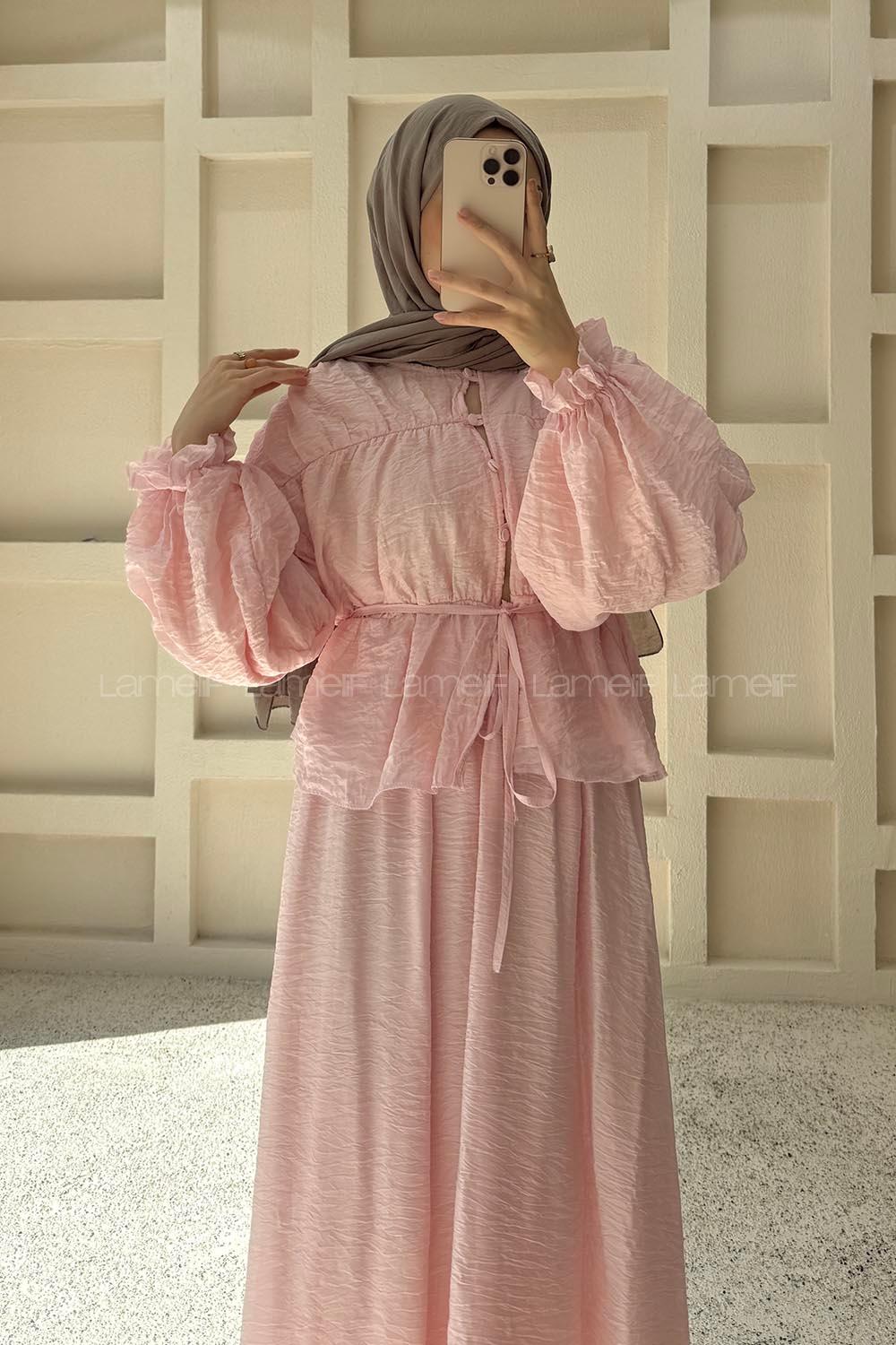 Lamelif Büzgülü Düğme Detaylı Takım Pembe