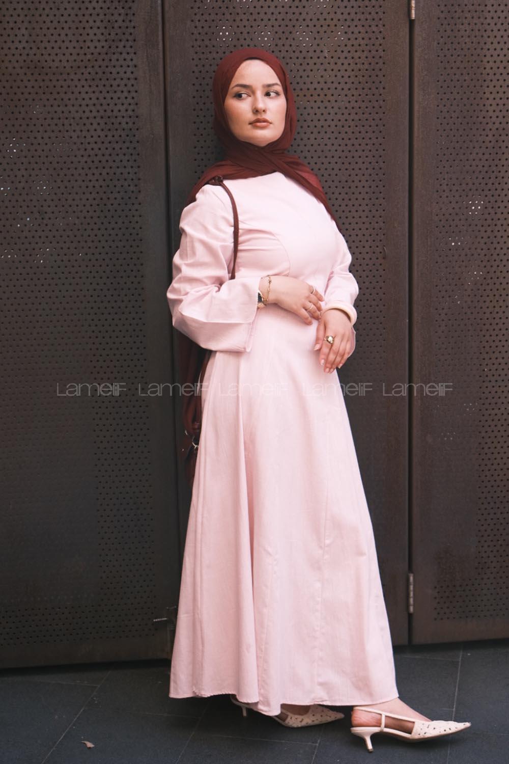 Lamelif Keten Elbise Pembe