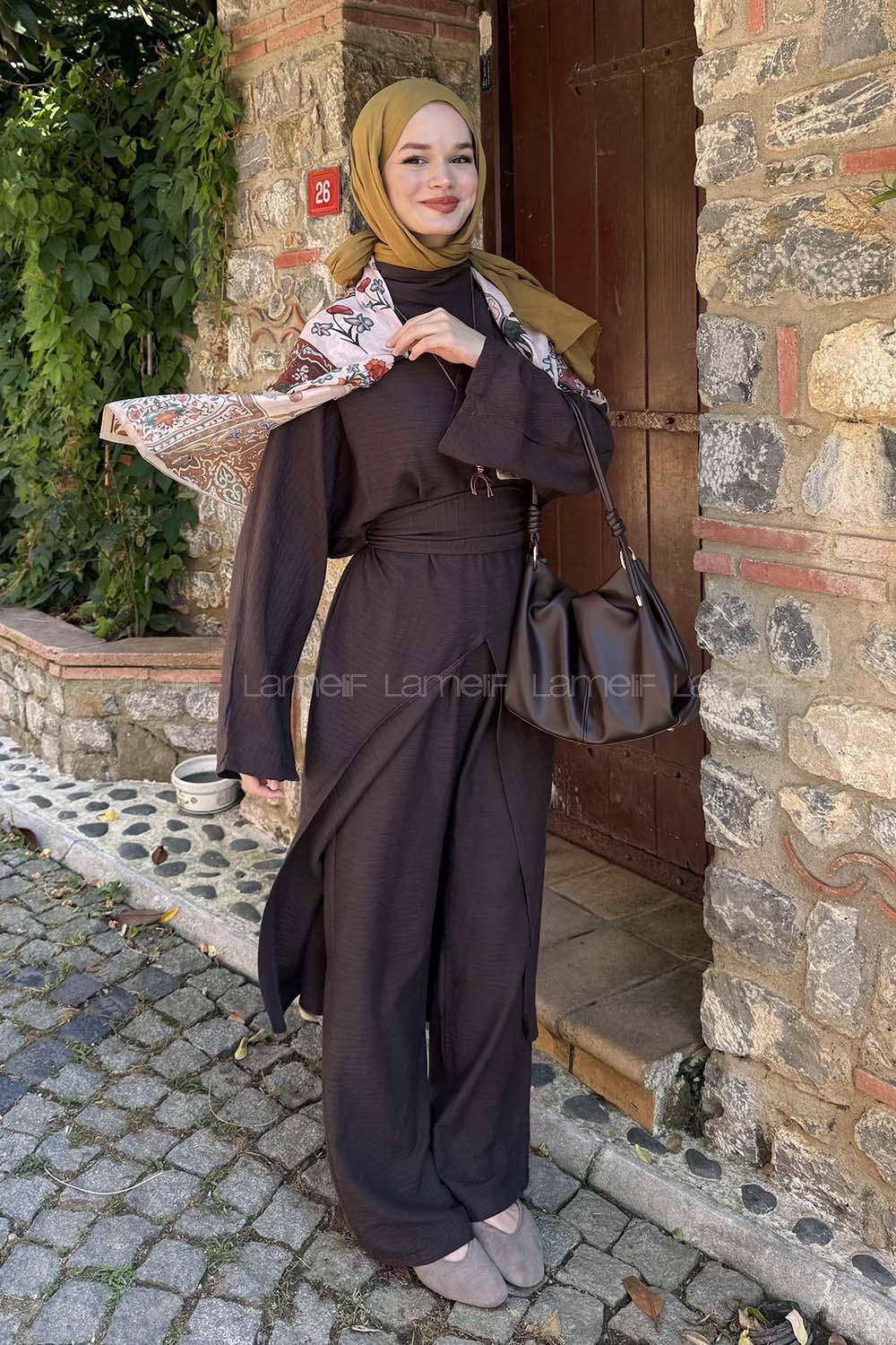 Lamelif Şal Detay Pantolonlu Bel Bağlamalı Takım Acı Kahve