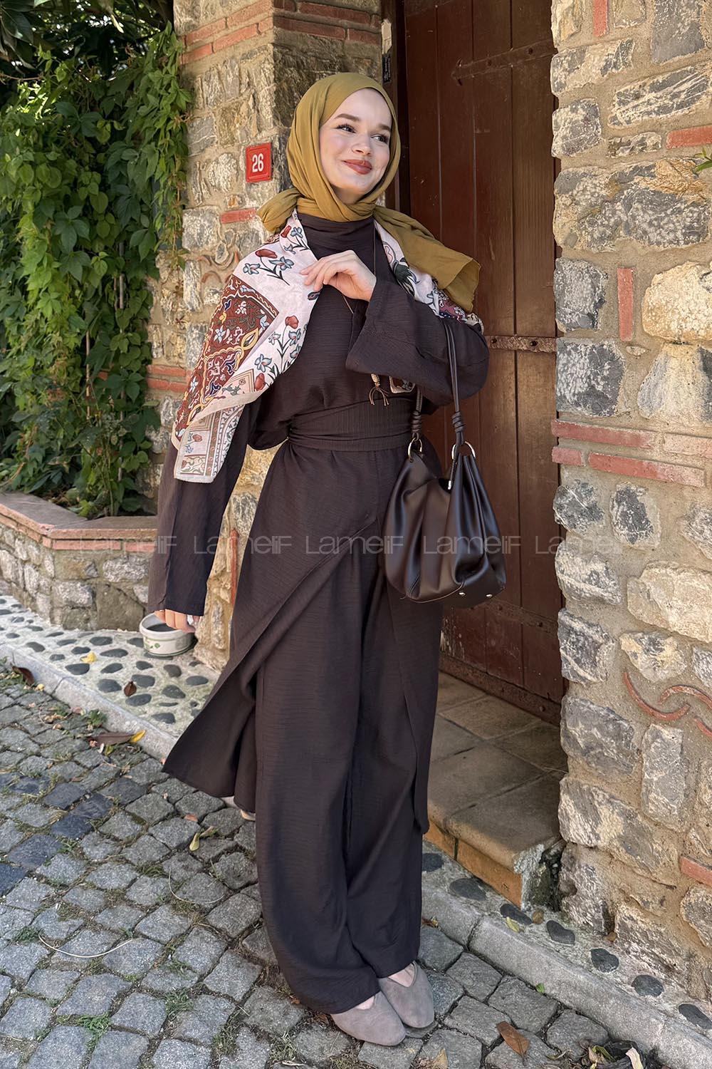 Lamelif Şal Detay Pantolonlu Bel Bağlamalı Takım Acı Kahve