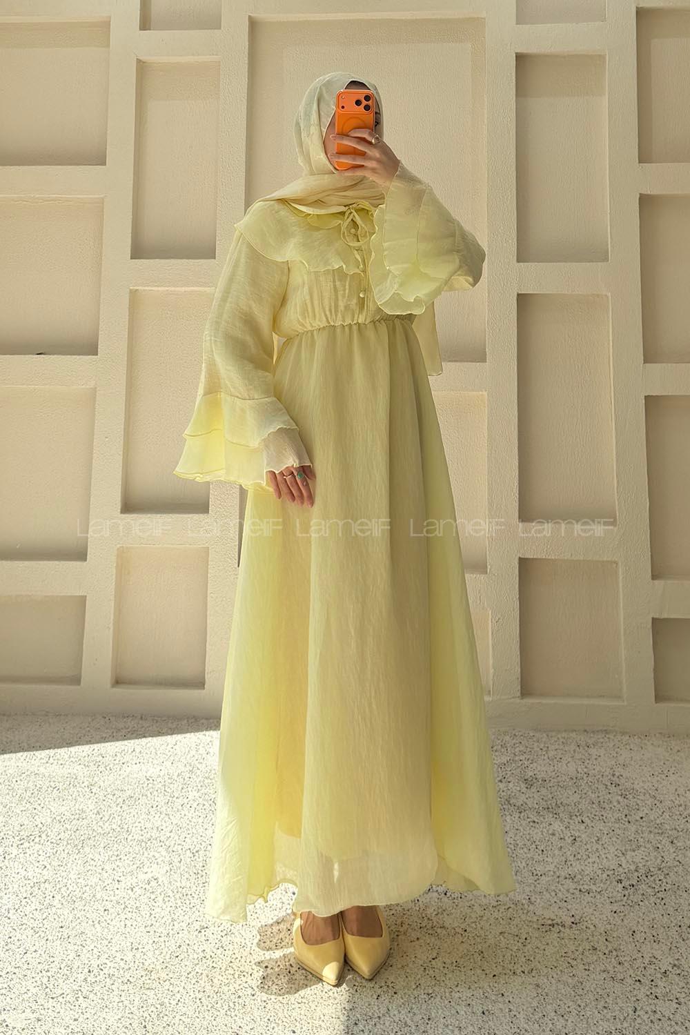 Lamelif Baby Yaka Prenses Kol Elbise Sarı