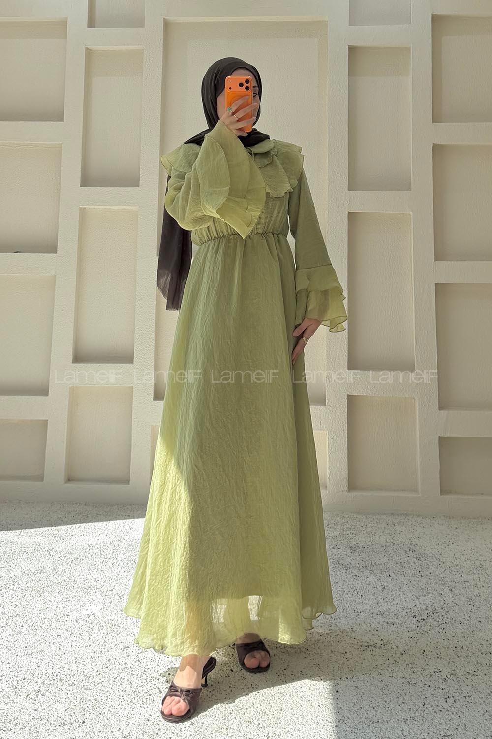 Oil Green Peter Pan Collar Viscose Unprinted Dresess