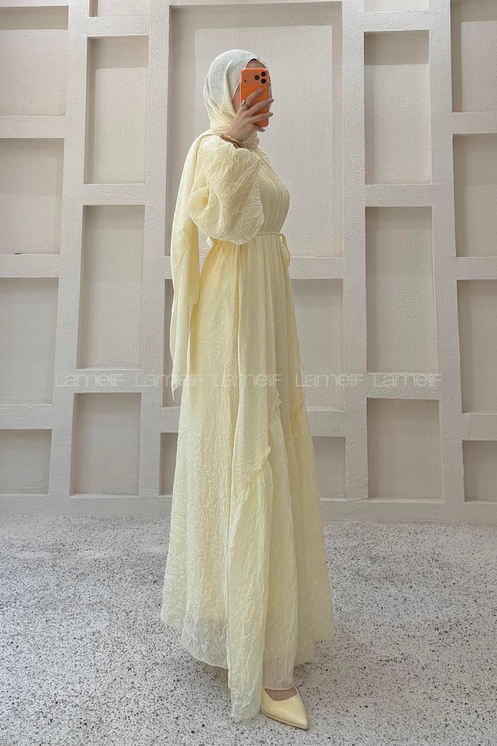 Butter Yellow Crew Neck Unprinted Dresess