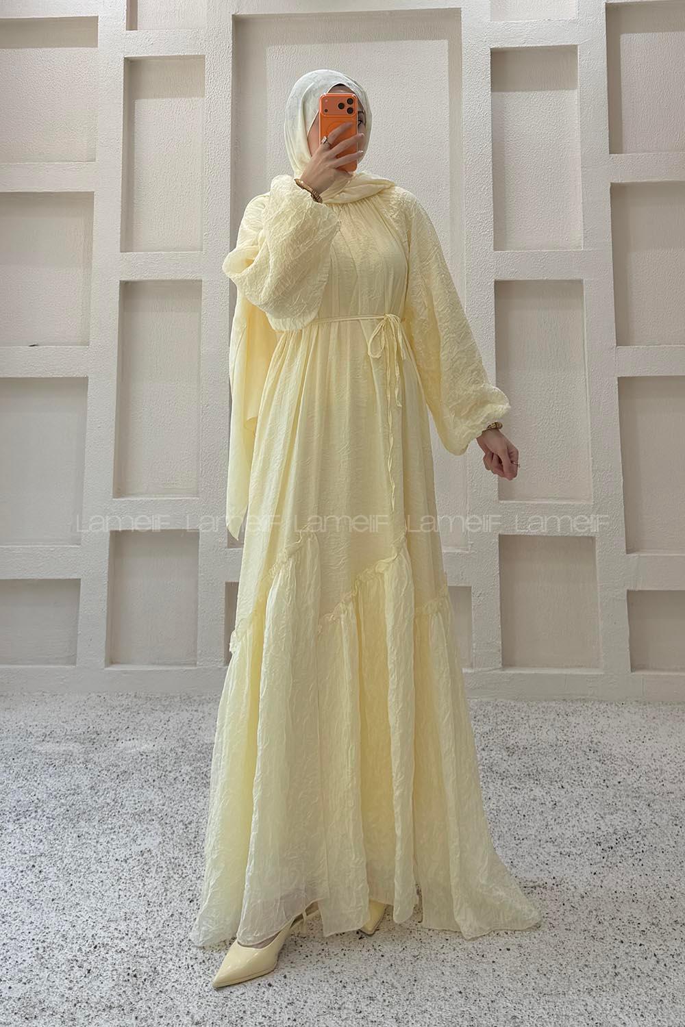 Butter Yellow Crew Neck Unprinted Dresess