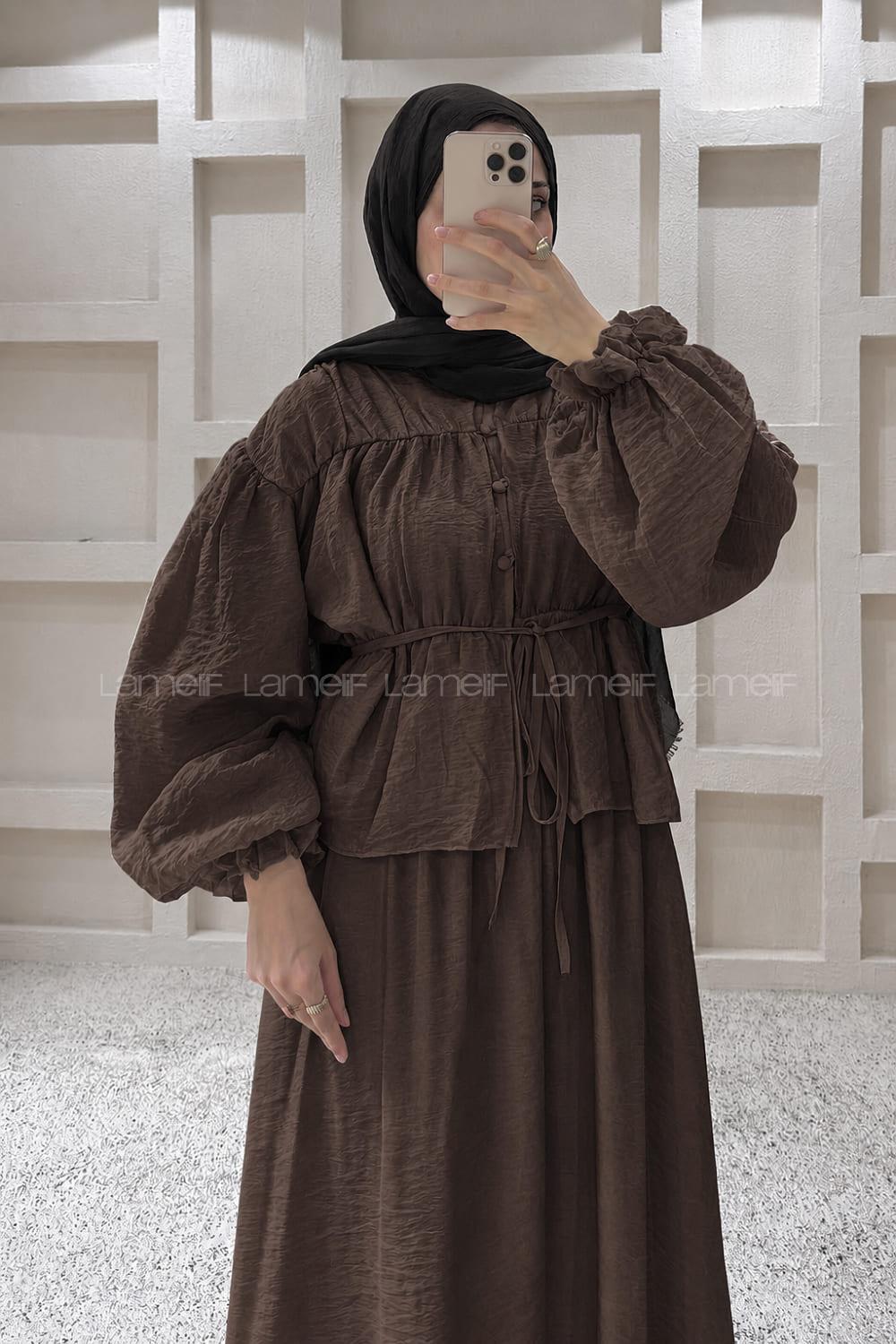 Bitter Brown Crew Neck Long Arm Balloon Sleeve Arm Buttoned Viscose Fabric Flare Suit