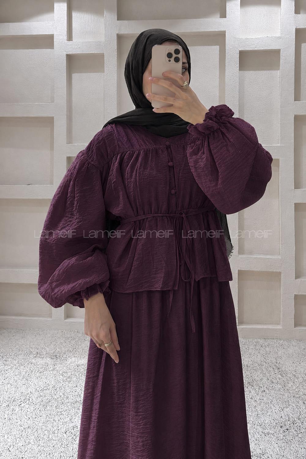 Lamelif Büzgülü Düğme Detaylı Takım Mürdüm