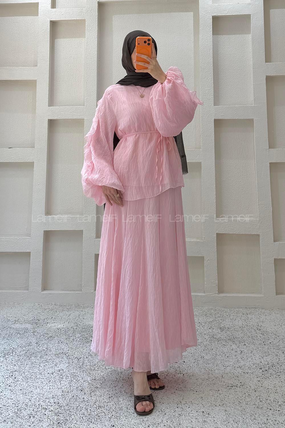 Lamelif Dökümlü Bluz Etek İkili Takım Pembe