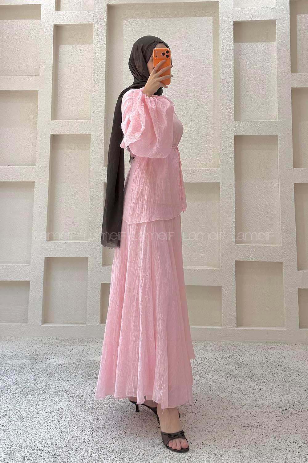 Lamelif Dökümlü Bluz Etek İkili Takım Pembe