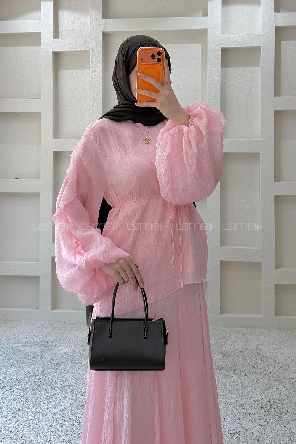Lamelif Dökümlü Bluz Etek İkili Takım Pembe
