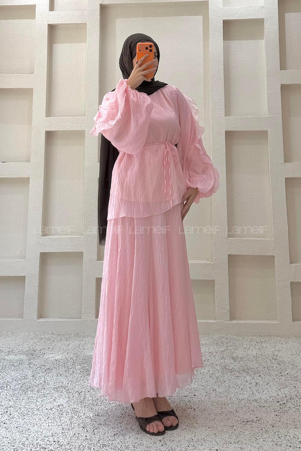 Lamelif Dökümlü Bluz Etek İkili Takım Pembe