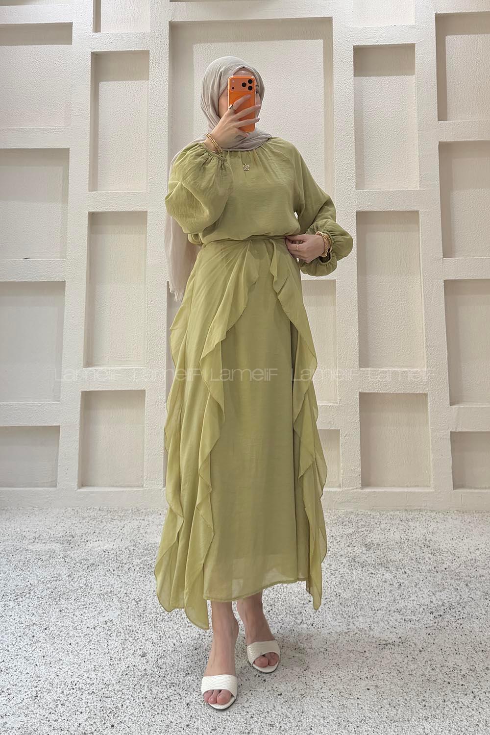 Oil Green Crew Neck Viscose Unprinted Dresess