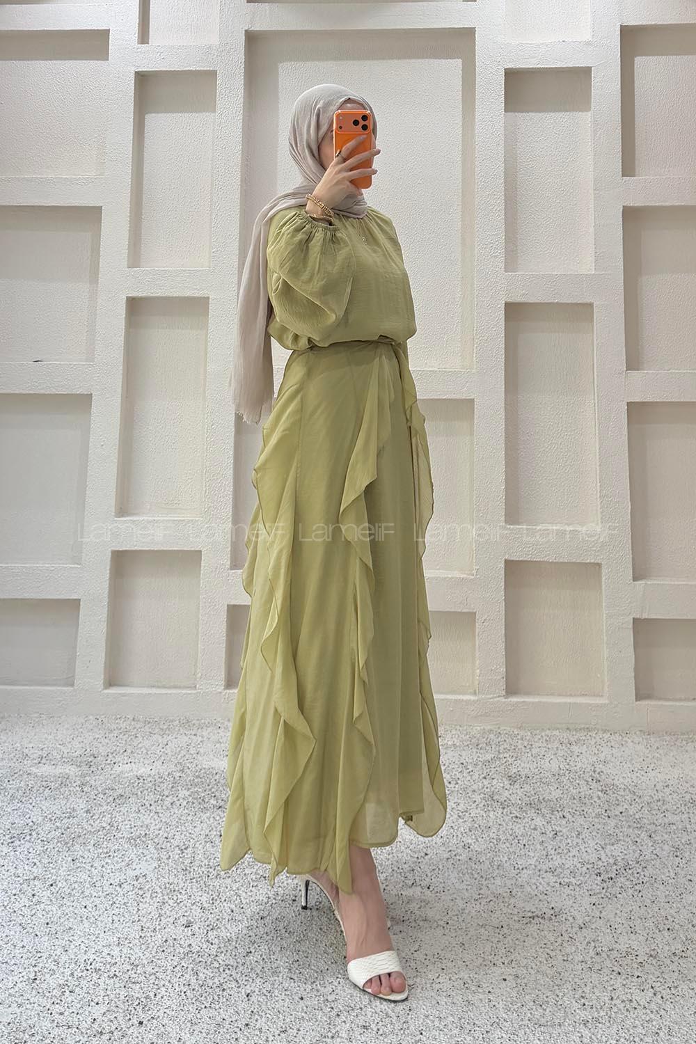 Oil Green Crew Neck Viscose Unprinted Dresess