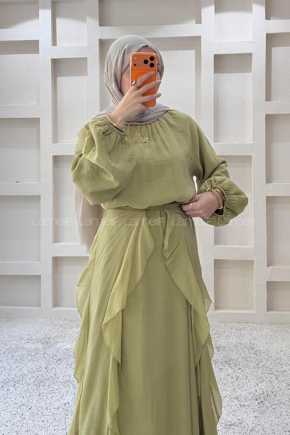 Oil Green Crew Neck Viscose Unprinted Dresess