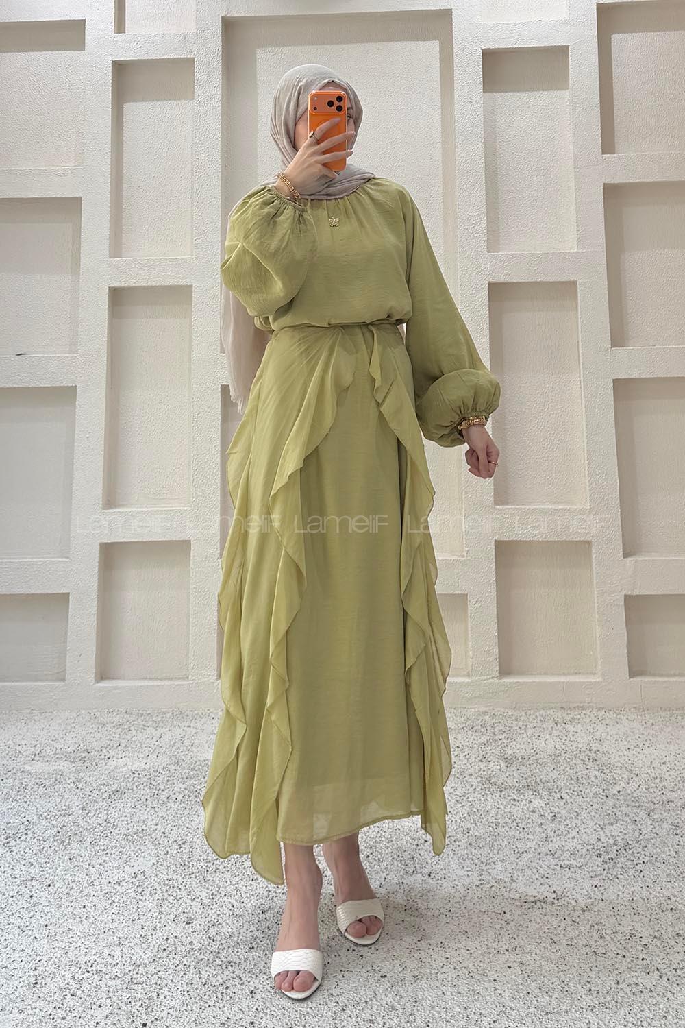 Oil Green Crew Neck Viscose Unprinted Dresess