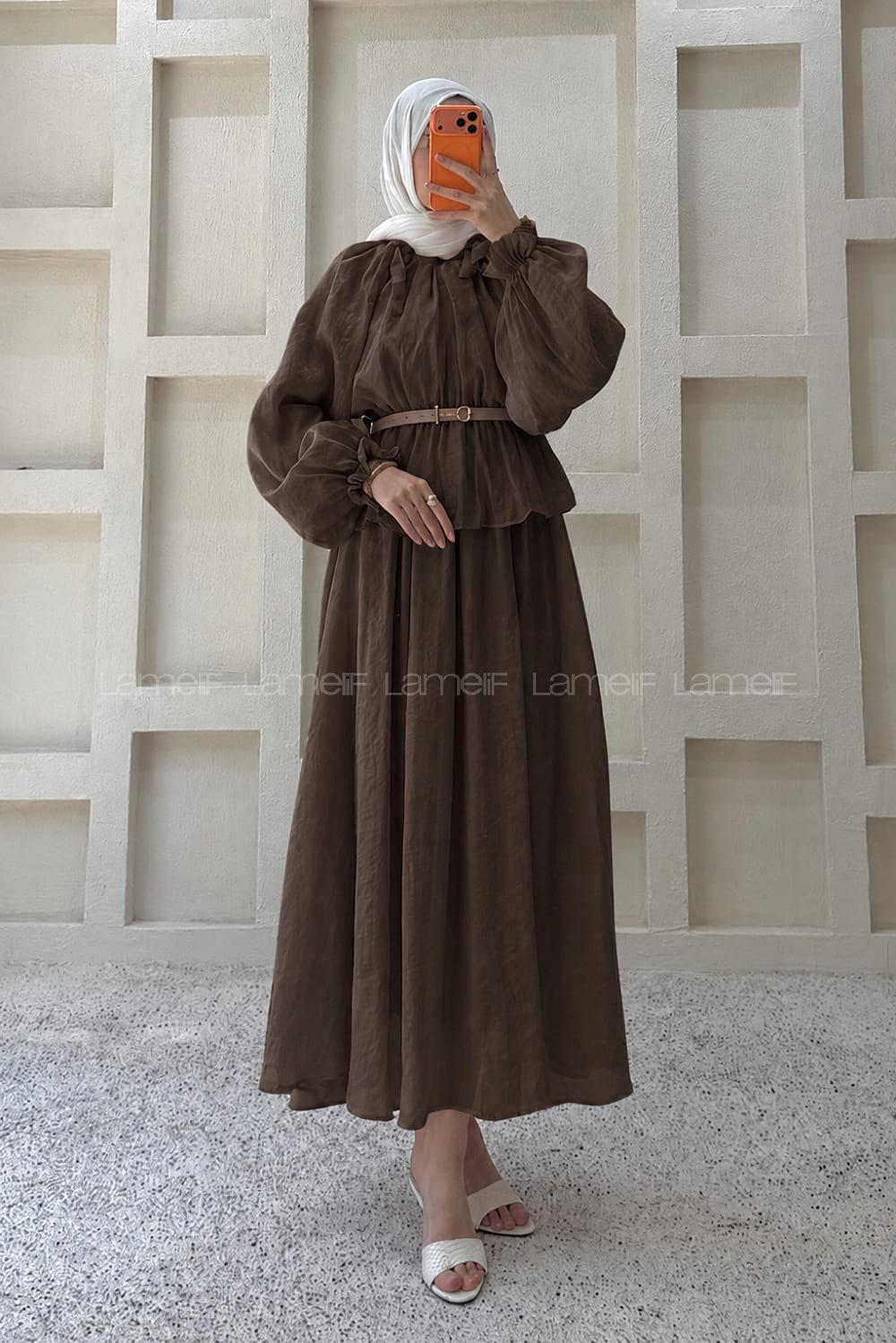 Bitter Brown Neckband Long Arm Polyester Flared Skirt Suit