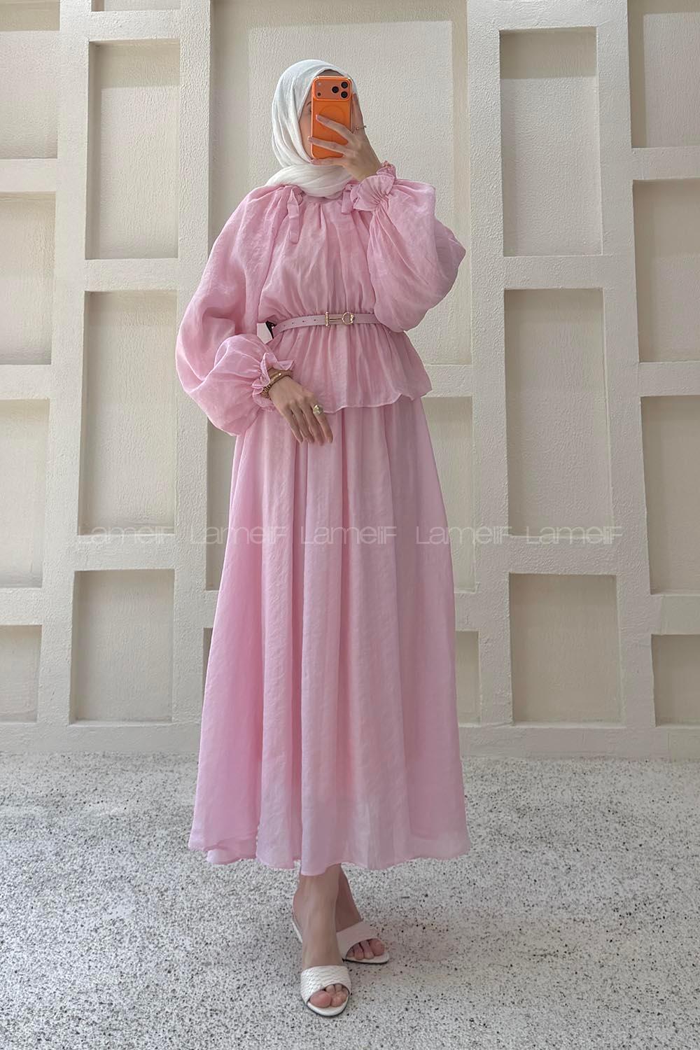 Lamelif Yakası Fiyonklu Etekli Takım Pembe