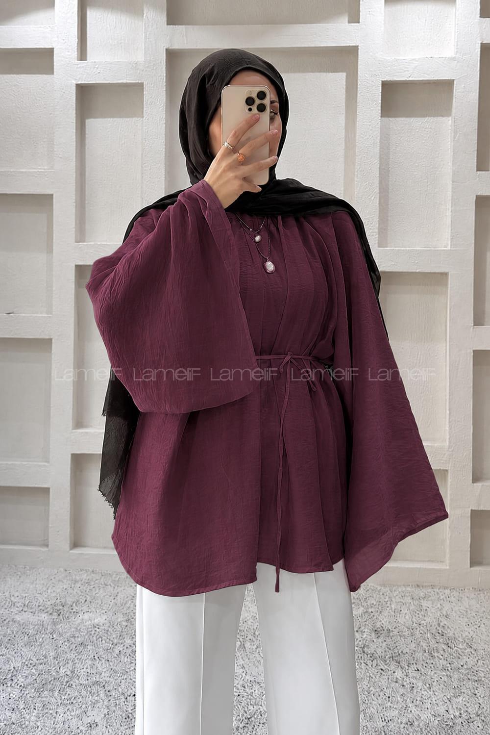 Lamelif Bağlama Detaylı Şifon Tunik Mürdüm