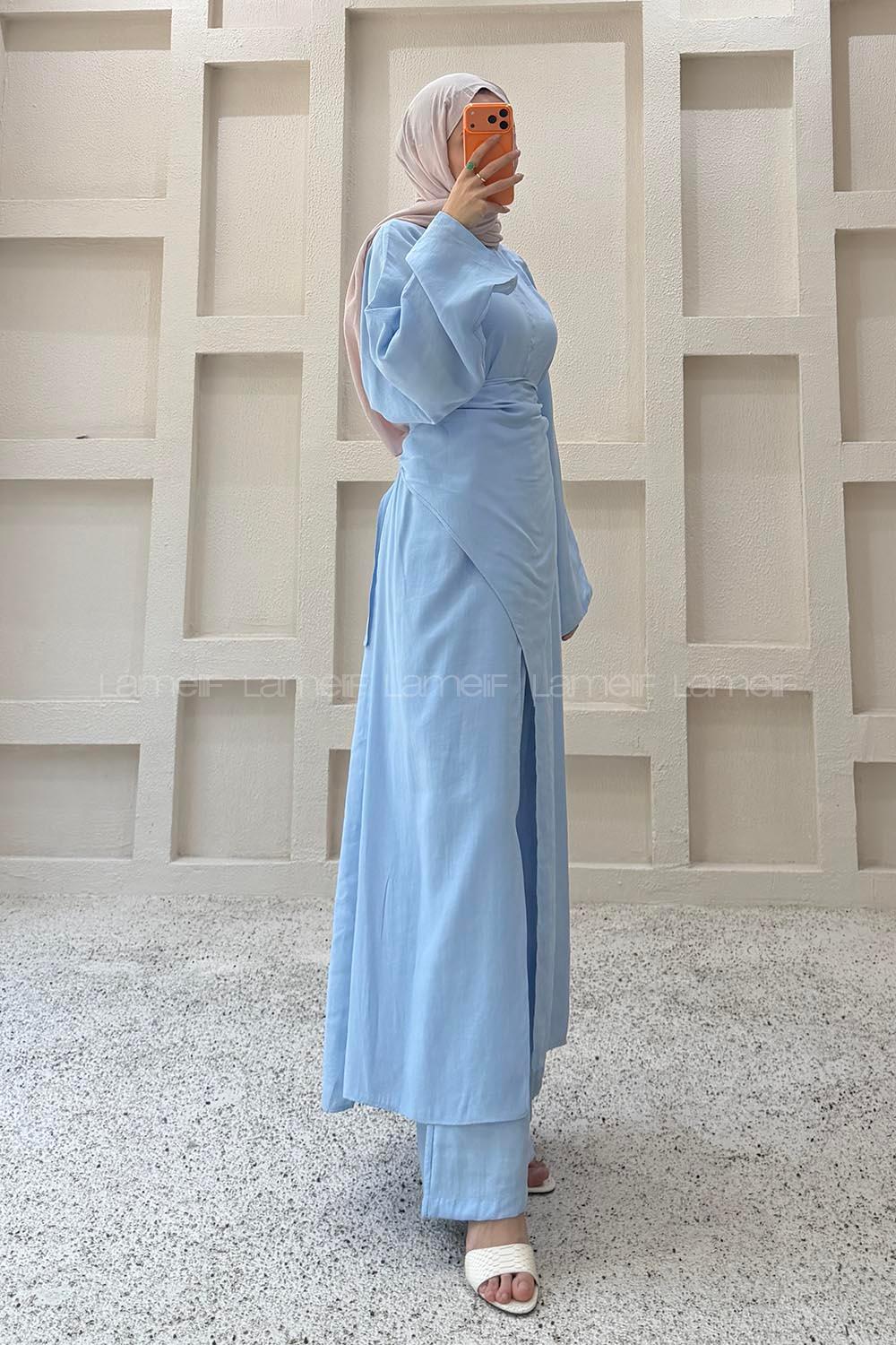 Baby Blue Neckband Long Arm Cotton Regular Trousers Comfortable Suit