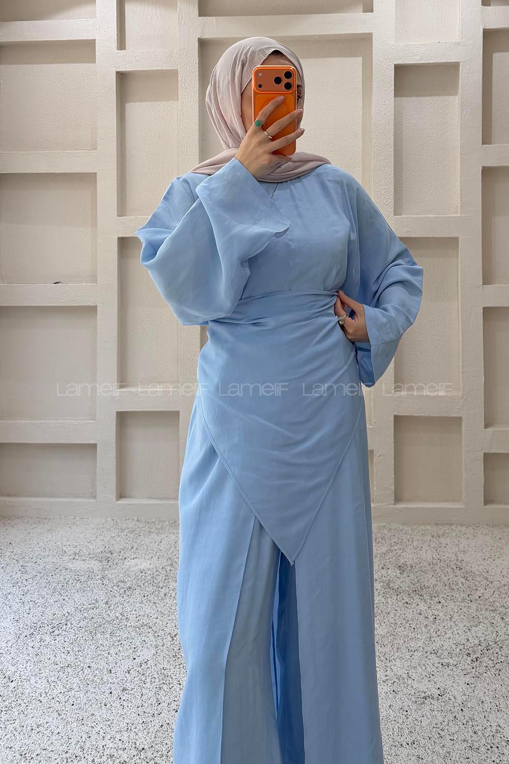 Baby Blue Neckband Long Arm Cotton Regular Trousers Comfortable Suit