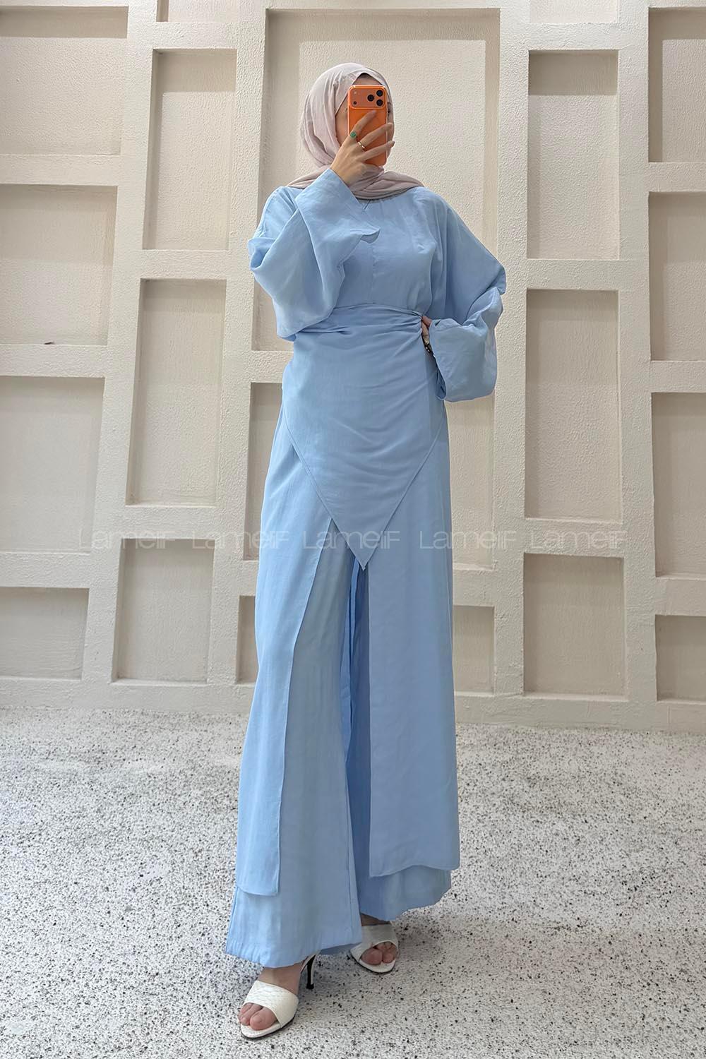 Baby Blue Neckband Long Arm Cotton Regular Trousers Comfortable Suit