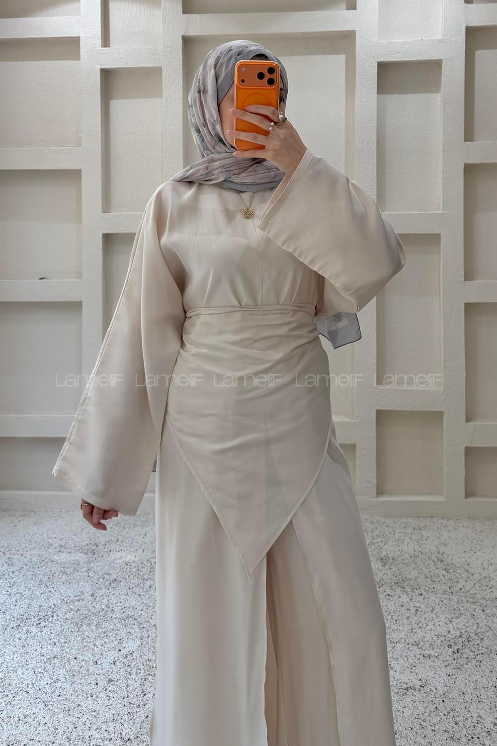 Lamelif Bel Bağlamalı Uzun Tunik-Pantolon Takım Bej