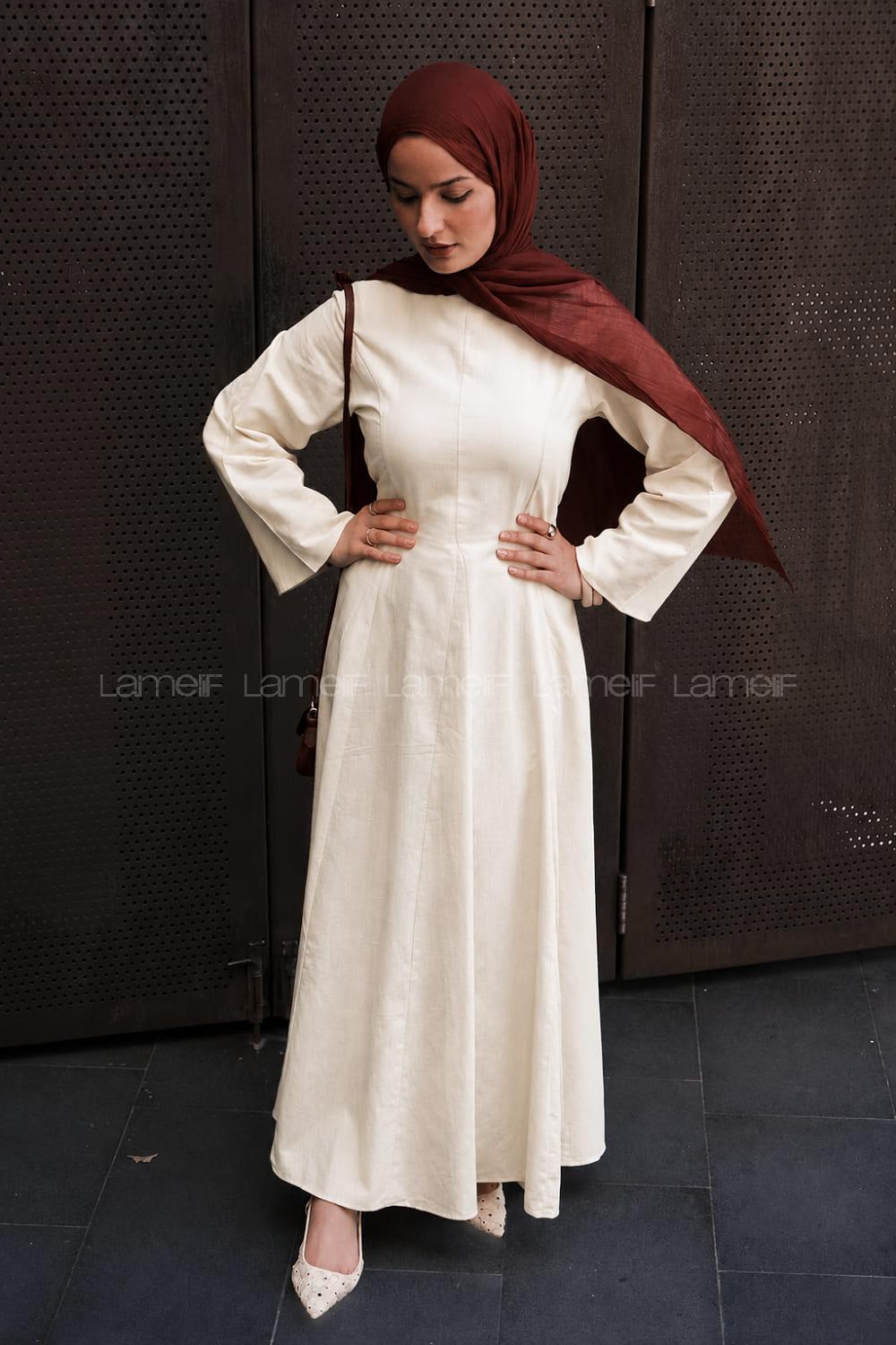 Lamelif Keten Elbise Krem