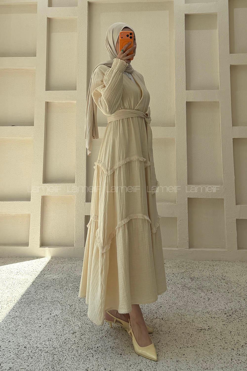Beige V Neck Unprinted Dresess