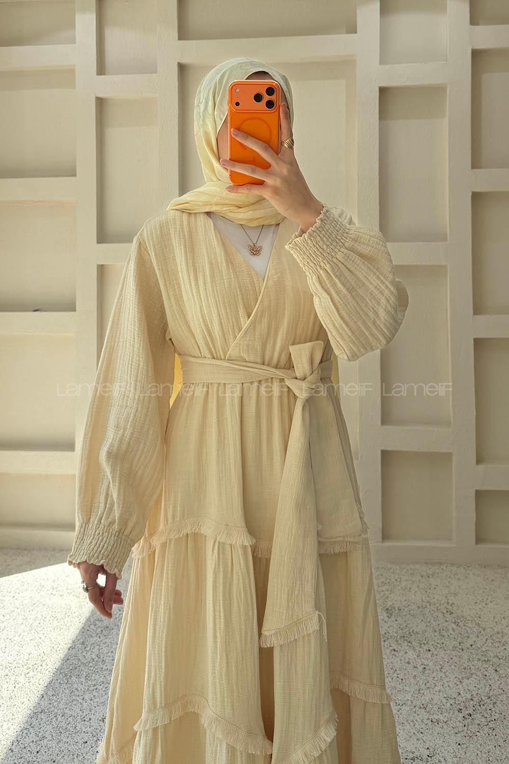 Beige V Neck Unprinted Dresess