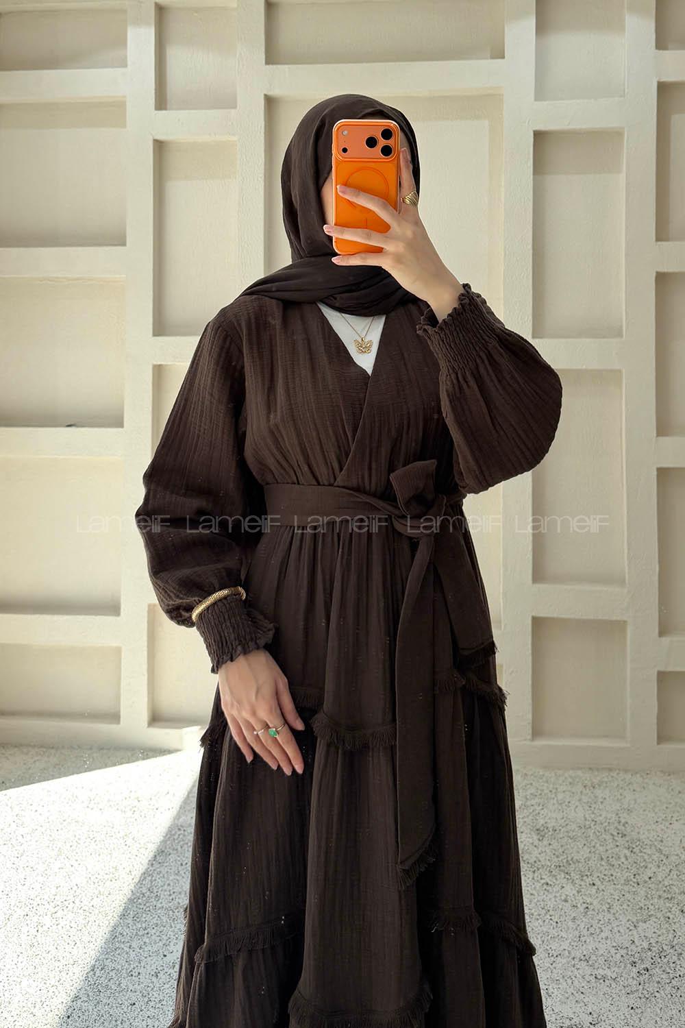 Brown V Neck Unprinted Dresess