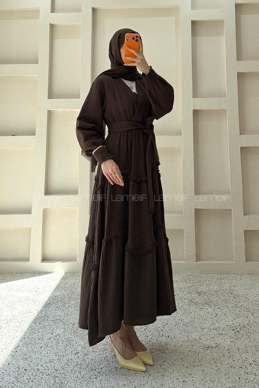 Brown V Neck Unprinted Dresess