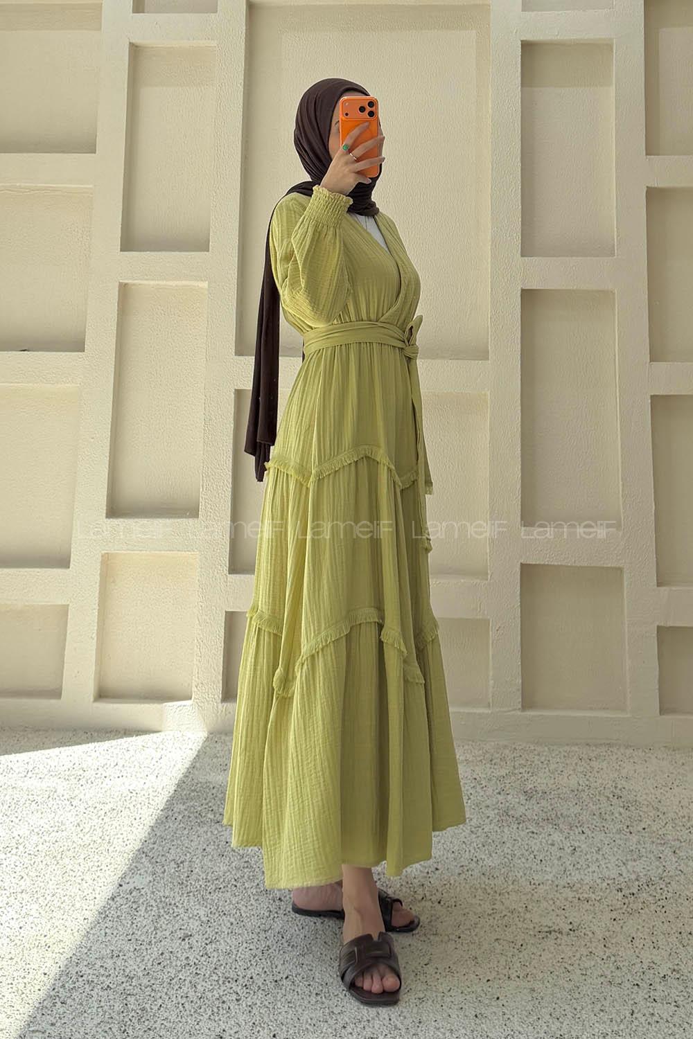 Oil Green V Neck Unprinted Dresess